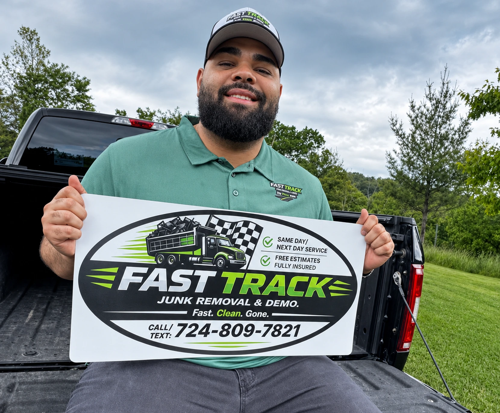 Shane Ivory with the Fast Track Junk Removal truck and trailer equipment